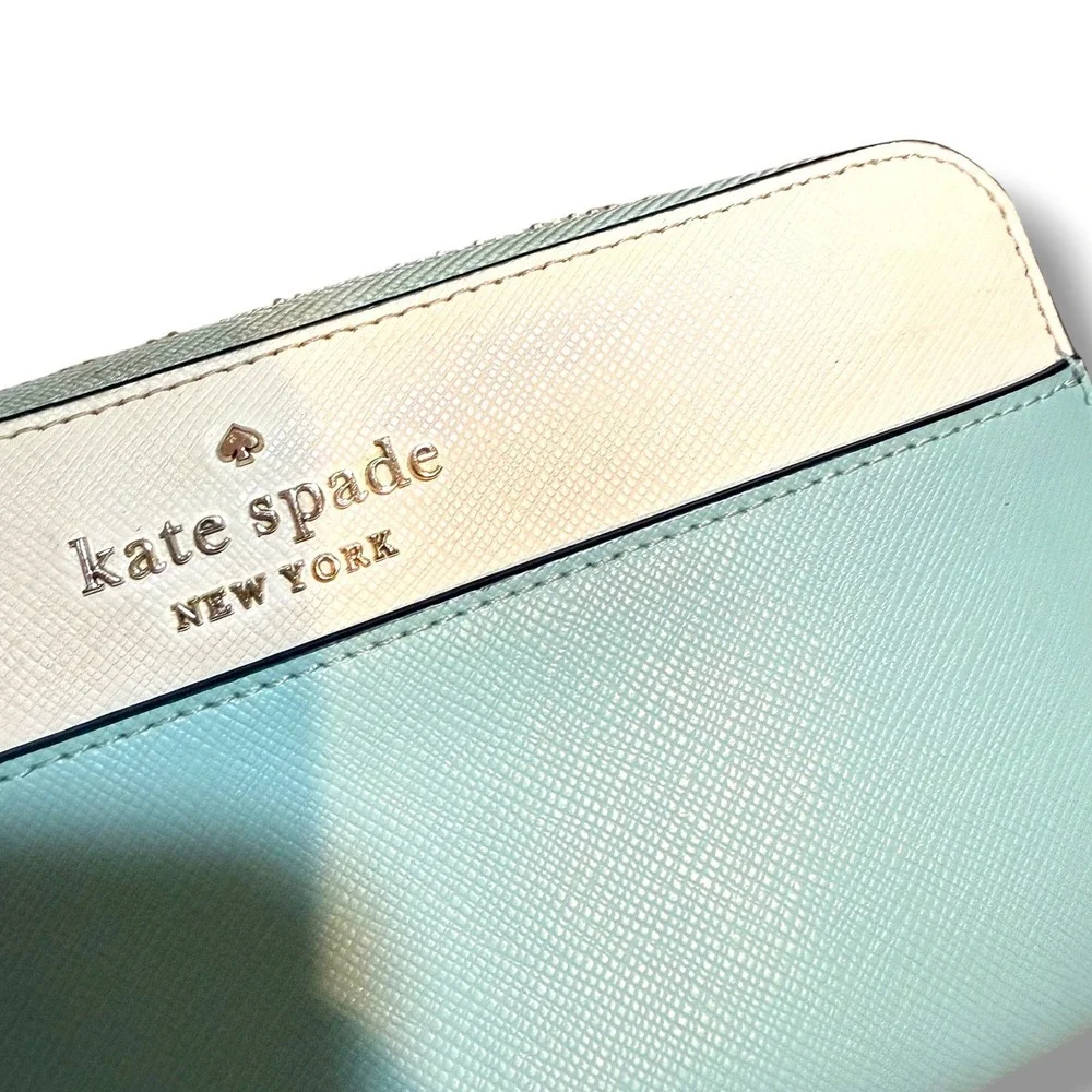 Kate Spade New York Wallet Womens Aqua White Saffiano Leather Zip Around